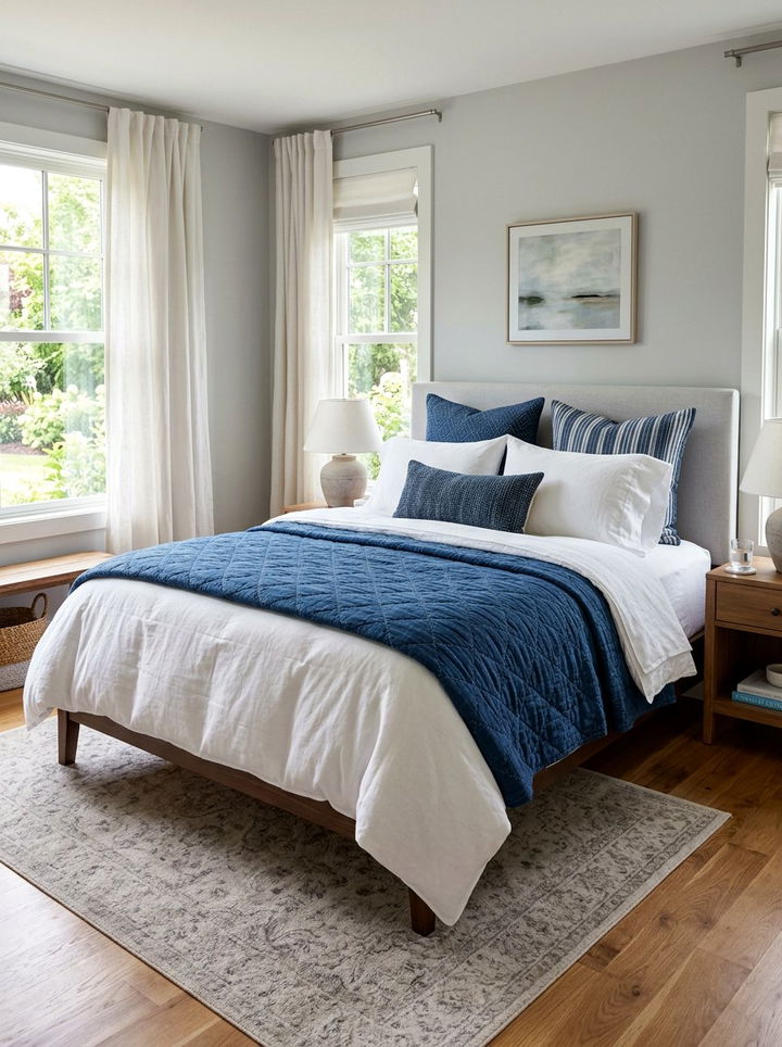 Indigo and white layered bedding - 30 indigo and white bedroom ideas
