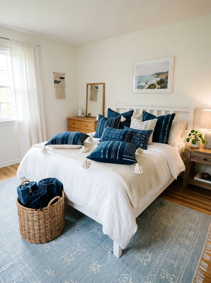 Indigo and white tassel pillows - 30 indigo and white bedroom ideas