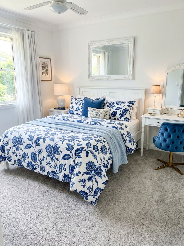 Indigo floral bedding - 30 indigo and white bedroom ideas