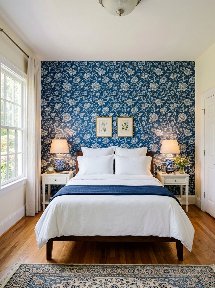 Indigo patterned wallpaper - 30 indigo and white bedroom ideas