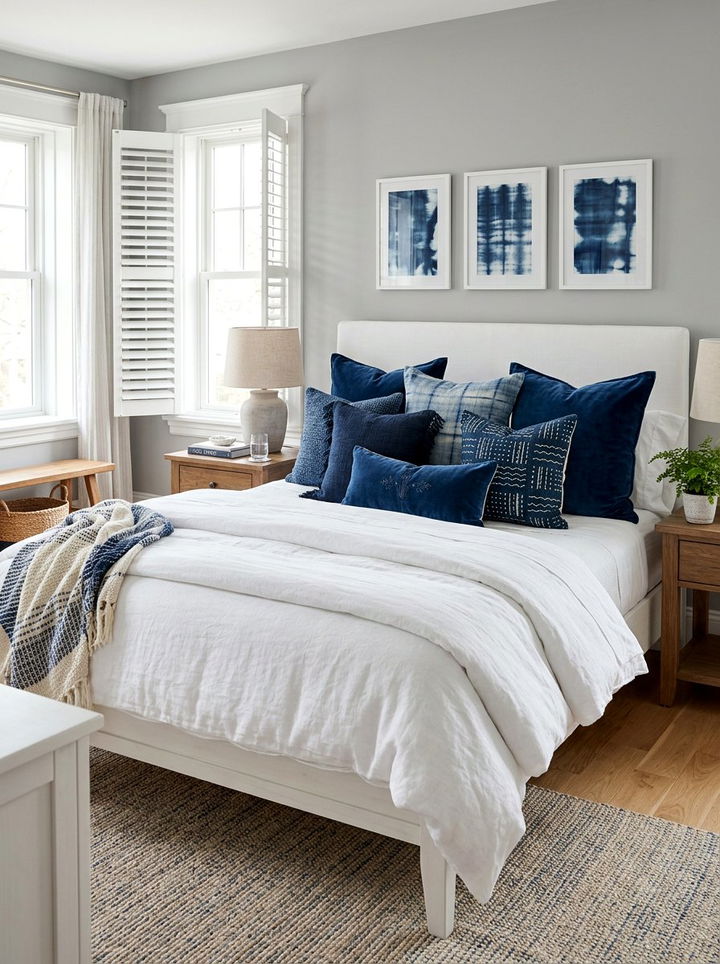 Indigo throw pillows on white bed - 30 indigo and white bedroom ideas