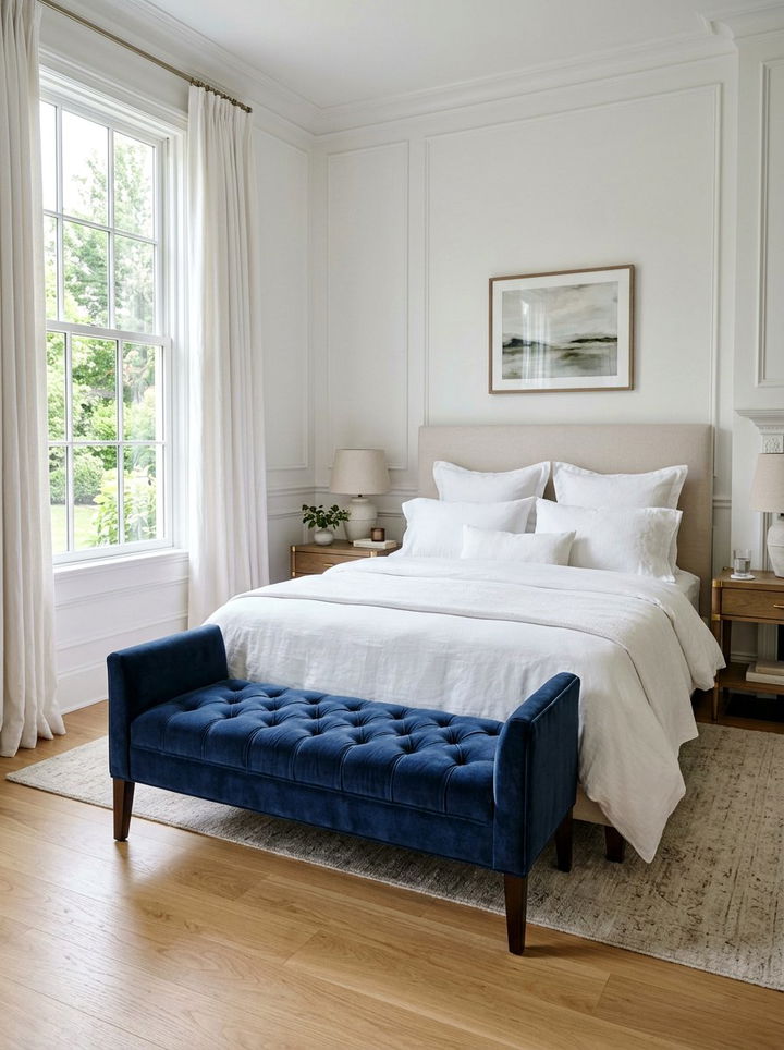 Indigo upholstered bench - 30 indigo and white bedroom ideas