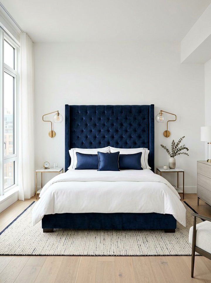 Indigo velvet headboard - 30 indigo and white bedroom ideas