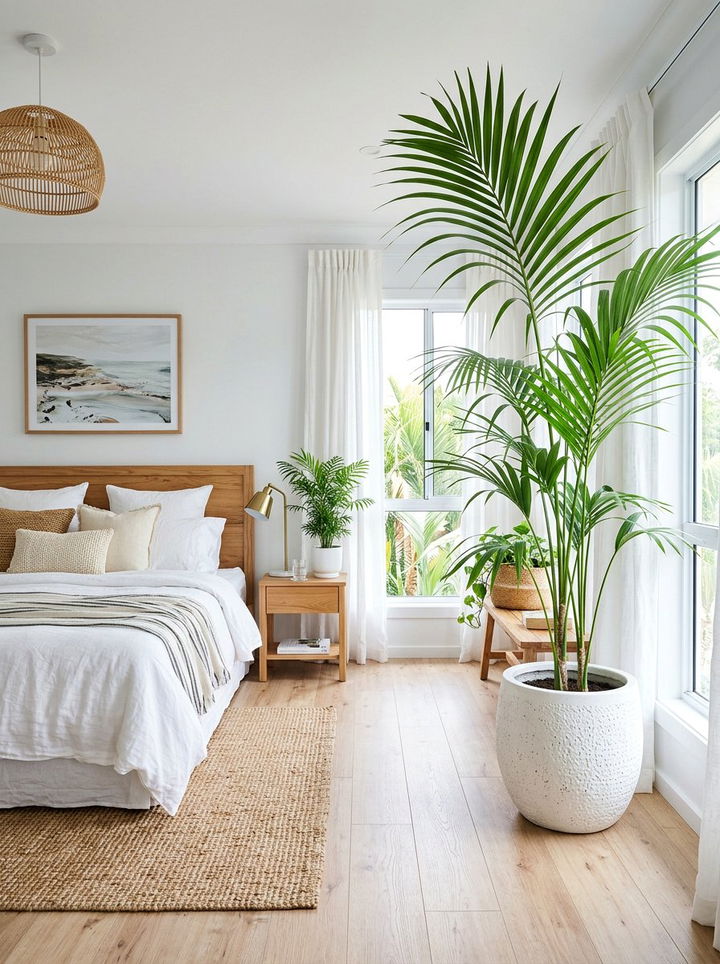 Indoor palm plants - 30 coastal white bedroom ideas