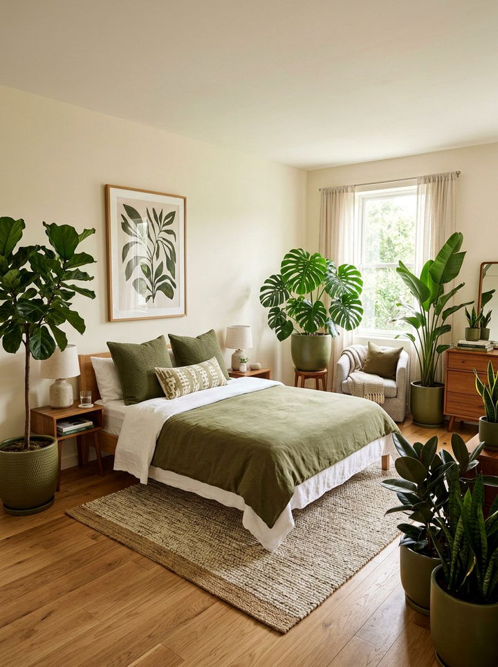 Indoor plants in olive pots - 30 olive and cream bedroom ideas