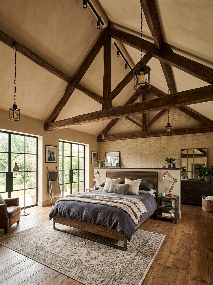 Industrial Beige Bedroom Wood Ceiling Beams - 30 industrial beige bedroom ideas
