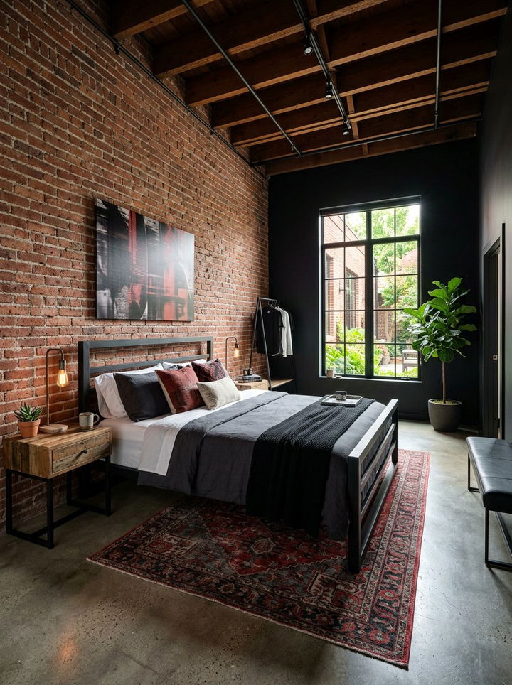 Industrial Black Bedroom With Brick - 30 dark black bedroom ideas