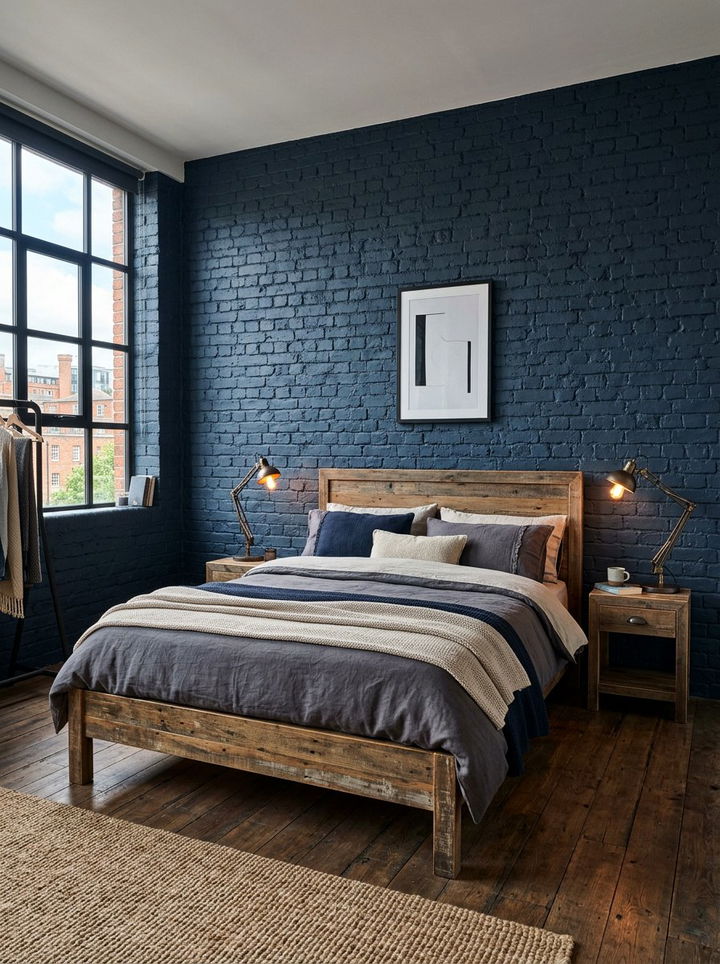 Industrial Blue Brick Wall - 30 rustic blue bedroom ideas