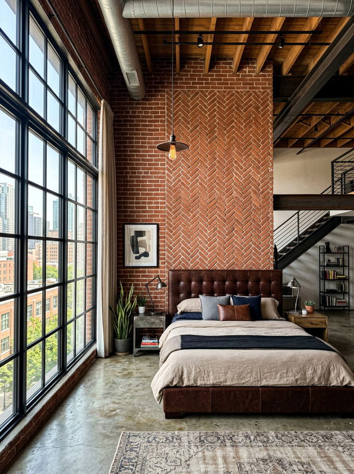 Industrial Brick Herringbone Wall - 30 bedroom herringbone wall ideas