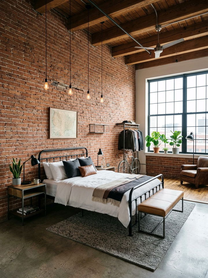 Industrial Brick Wall - 30 long bedroom ideas