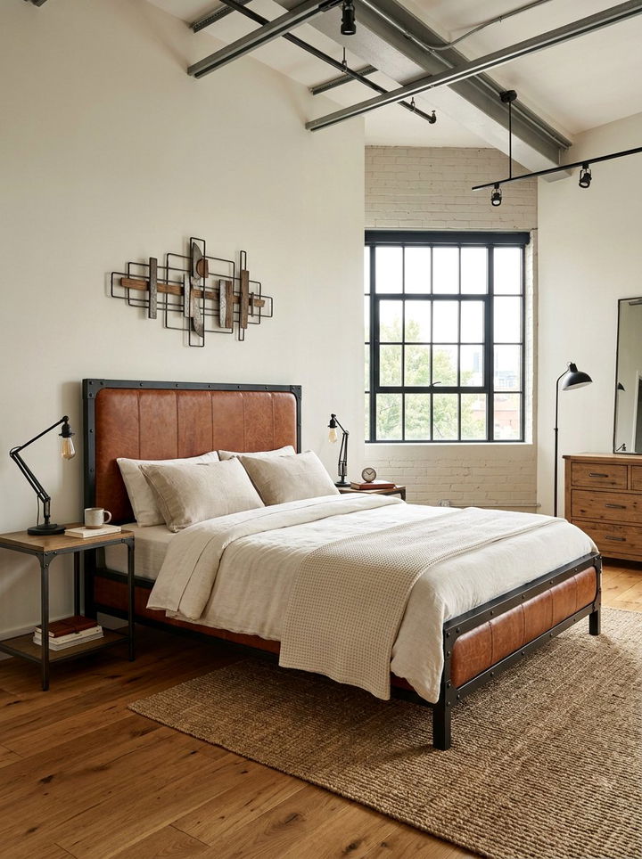 Industrial Cream Bedroom With Leather Headboard - 30 industrial cream bedroom ideas