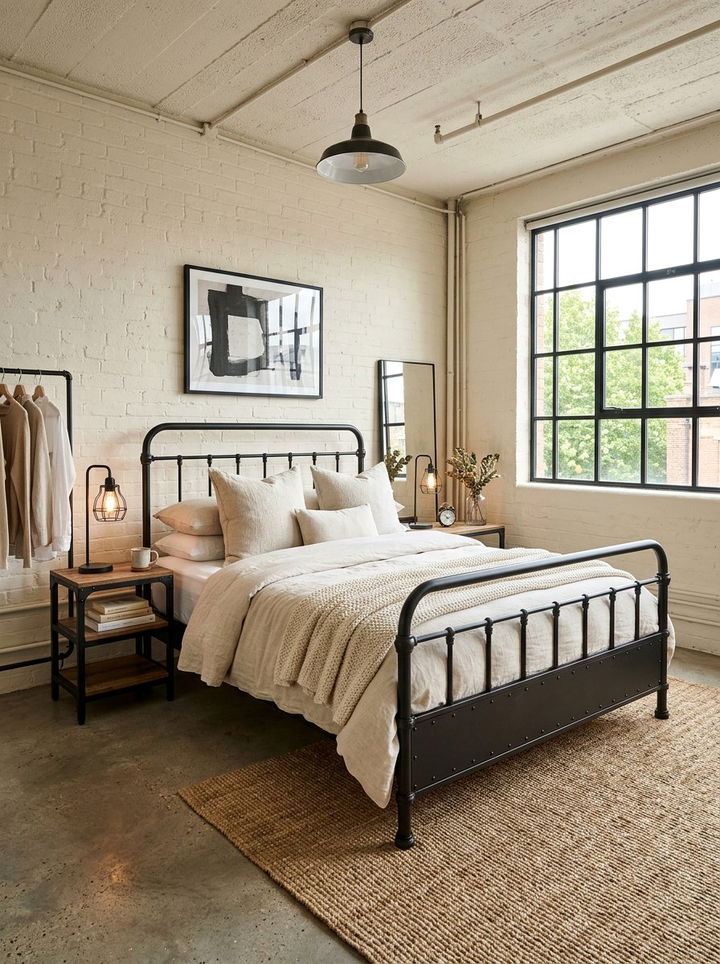 Industrial Cream Bedroom With Metal Bed - 30 industrial cream bedroom ideas