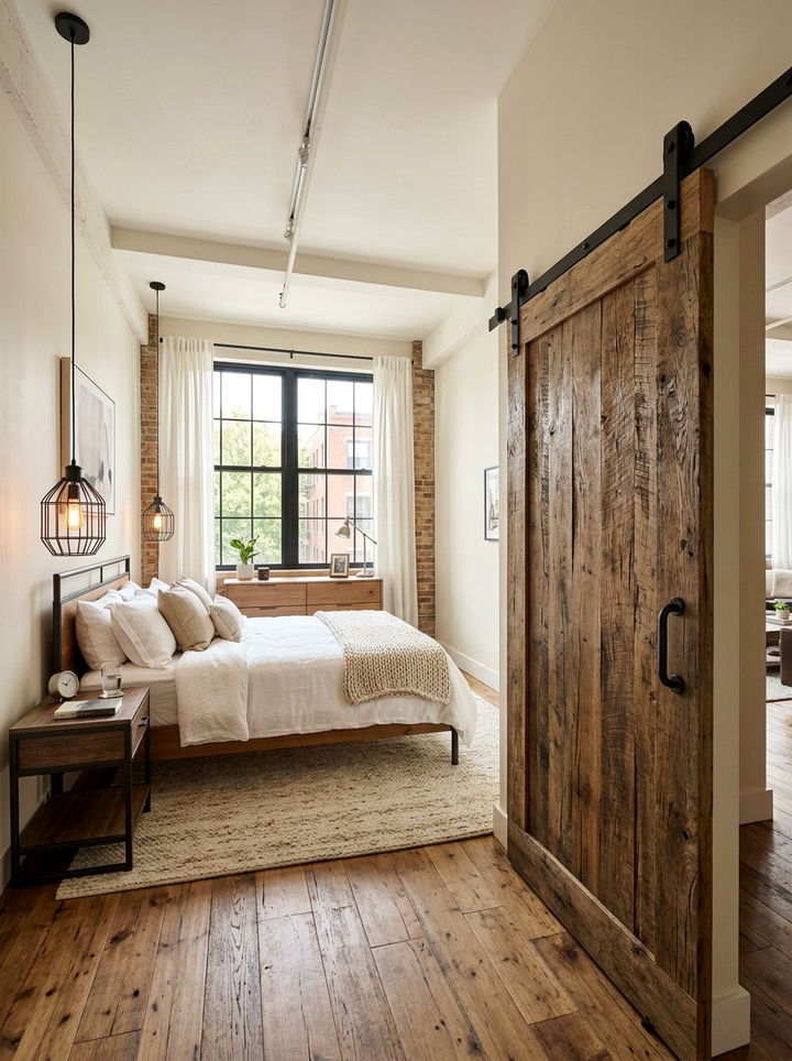 Industrial Cream Bedroom With Sliding Barn Door - 30 industrial cream bedroom ideas