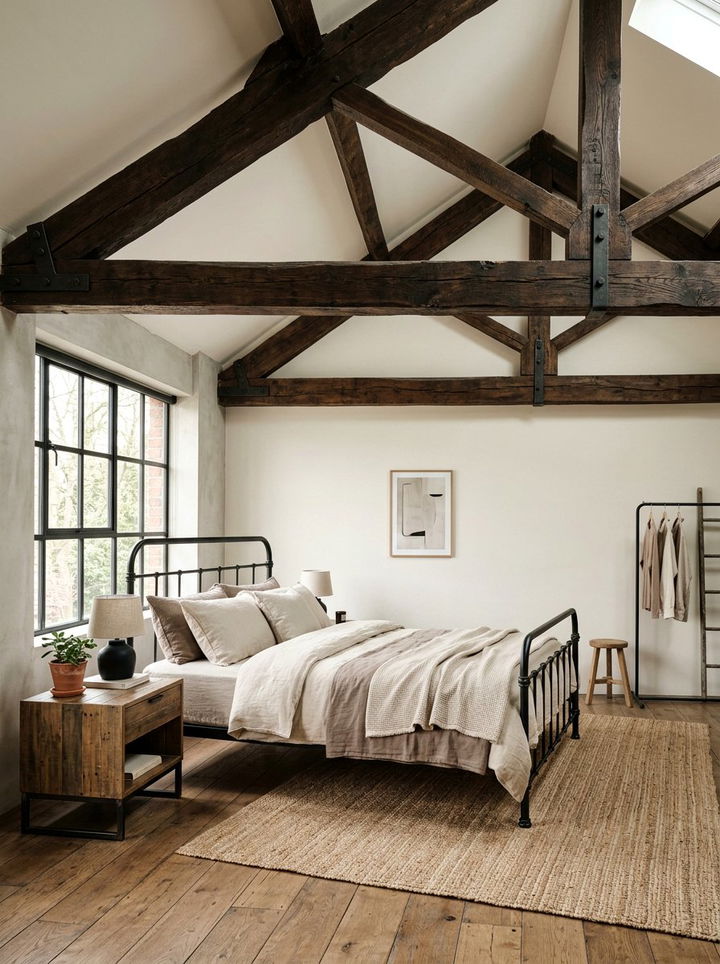 Industrial Cream Bedroom With Wood Beams - 30 industrial cream bedroom ideas