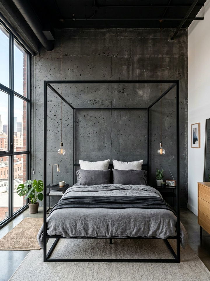 Industrial Dark Concrete Wall - 30 dark bedroom accent wall ideas