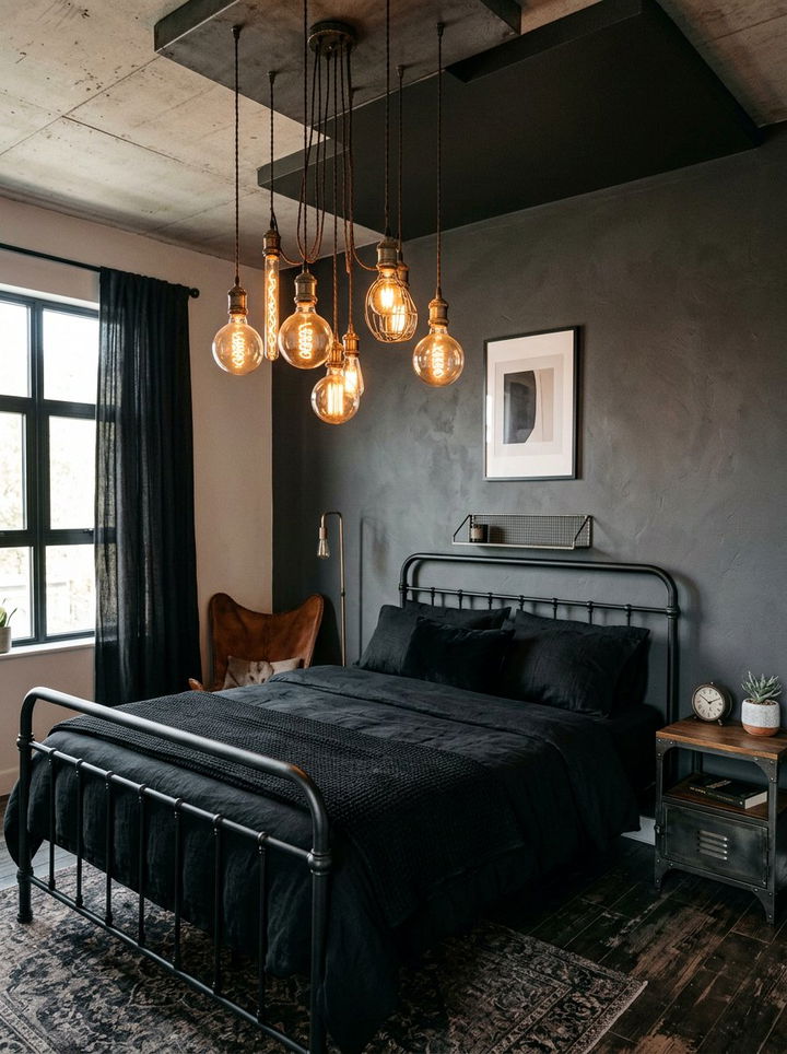 Industrial Edison Bulb Lighting - 30 industrial black bedroom ideas