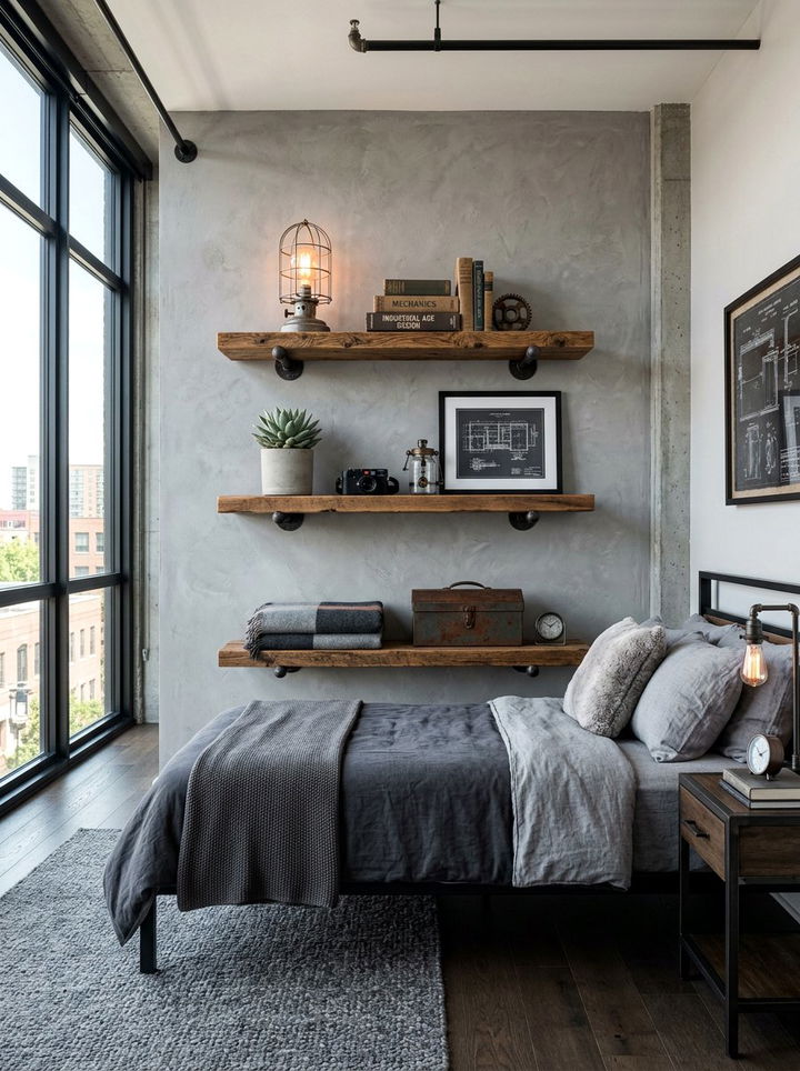 Industrial Floating Shelves Bedroom - 30 industrial grey bedroom ideas
