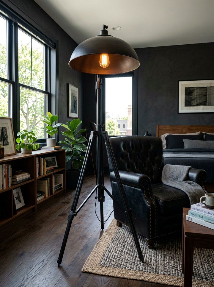 Industrial Floor Lamp - 30 industrial black bedroom ideas