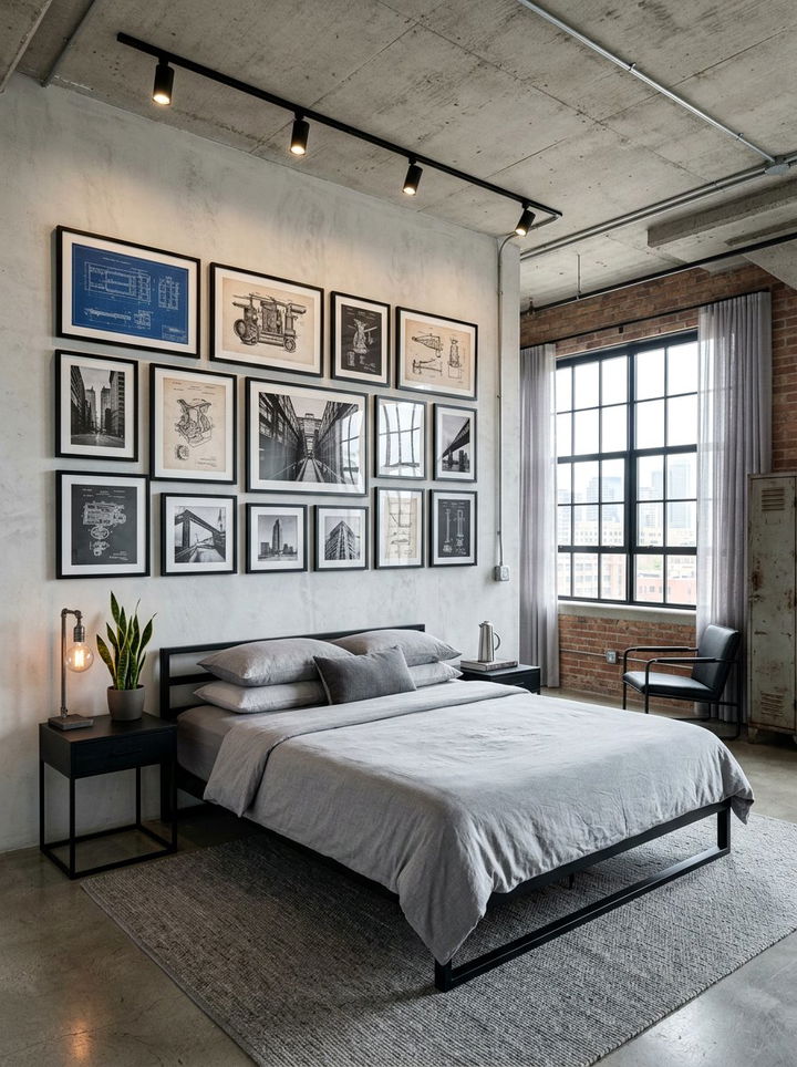 Industrial Gallery Wall Bedroom - 30 industrial grey bedroom ideas