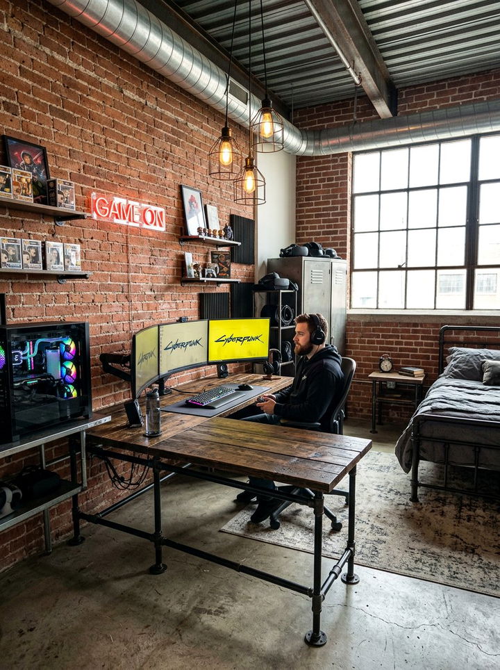 Industrial Gaming Bedroom Setup - 30 gaming bedroom ideas