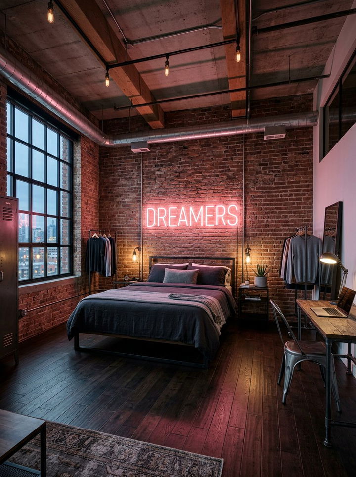 Industrial Loft Neon Pink - 30 neon pink bedroom ideas