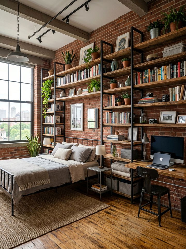 Industrial Metal Shelving - 30 metal accent bedroom ideas