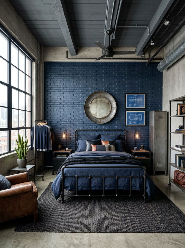 Industrial Navy Bedroom - 30 navy blue bedroom ideas