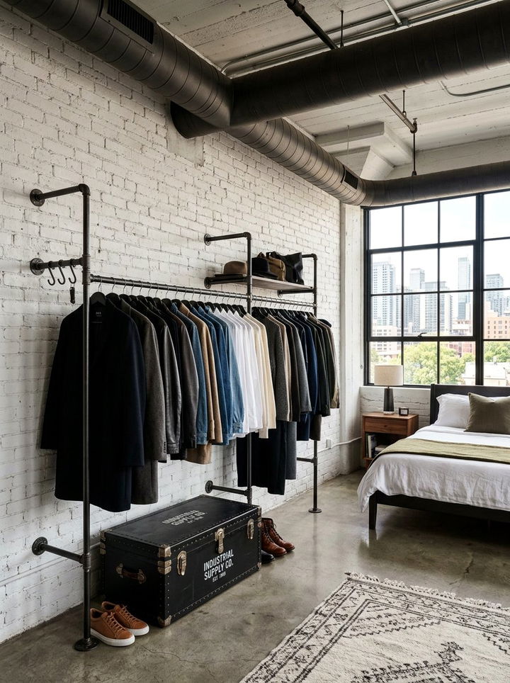 Industrial Pipe Clothing Rack - 30 industrial black bedroom ideas