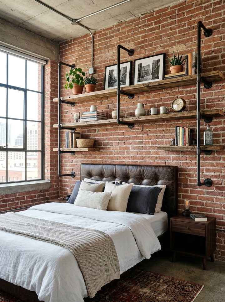 Industrial Pipe Shelving Over Bed - 30 bedroom overhead storage ideas