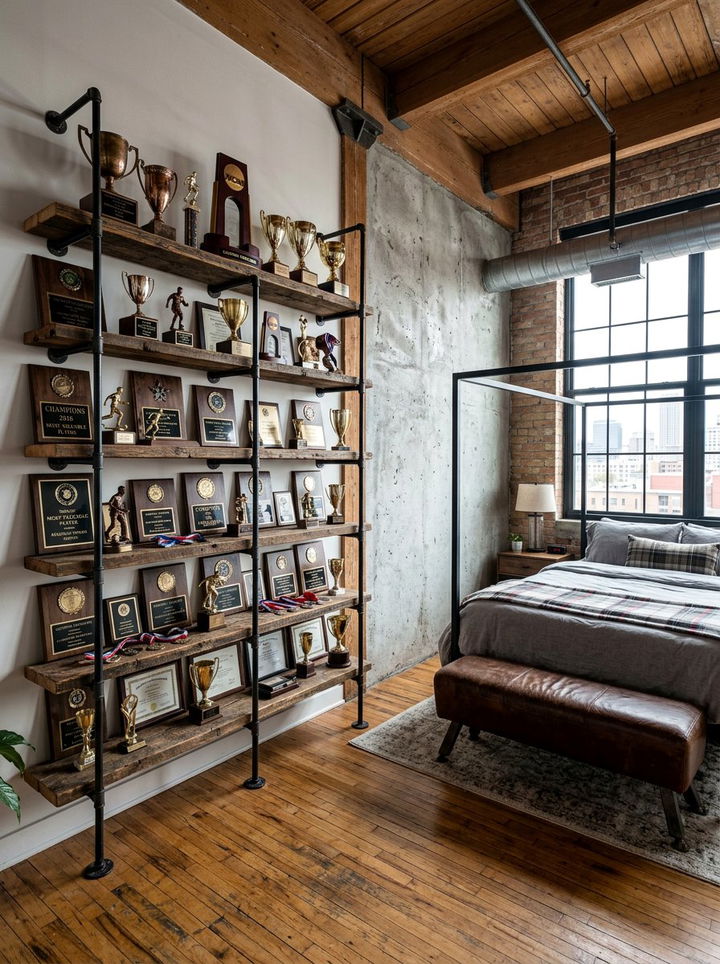 Industrial Pipe Shelving - 30 bedroom award display ideas