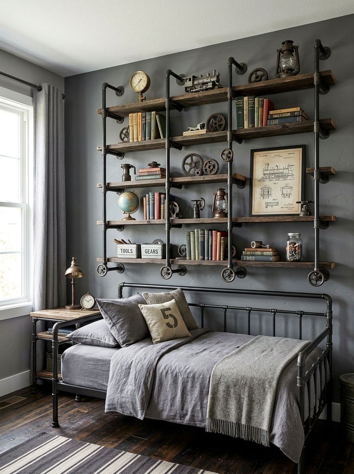 Industrial Pipe Train Shelving - 30 train bedroom ideas