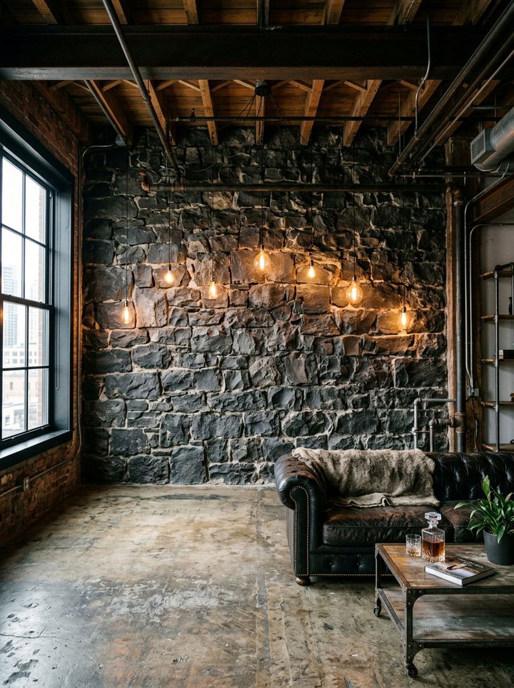 Industrial Stone Feature - 30 bedroom stone wall ideas
