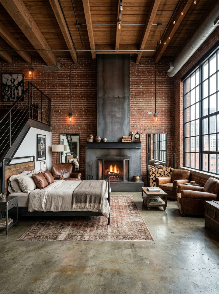 Industrial Style Bedroom With Metal Fireplace - 30 bedroom with fireplace ideas
