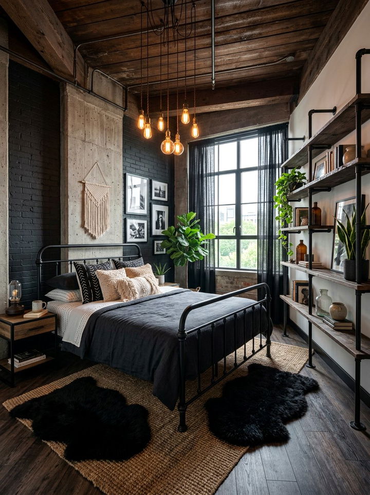 Industrial Style Black Boho Bedroom - 30 bohemian black bedroom ideas