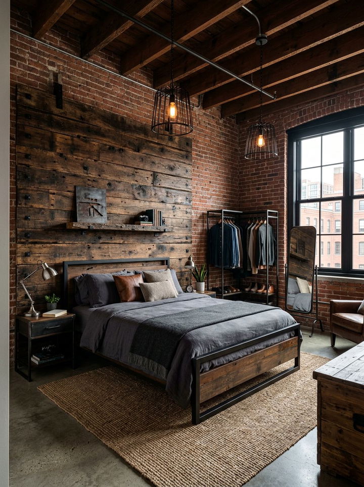 Industrial Wood Wall - 30 bedroom wood wall ideas