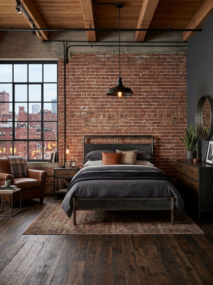 Industrial bedroom with brick wall - 30 L-shaped bedroom ideas