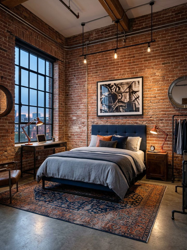 Industrial bedroom with navy and orange accents - 30 burnt orange and navy bedroom ideas