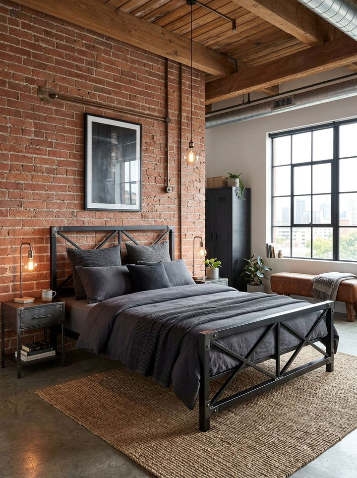 Industrial black metal frame bed - 30 bedroom black furniture ideas