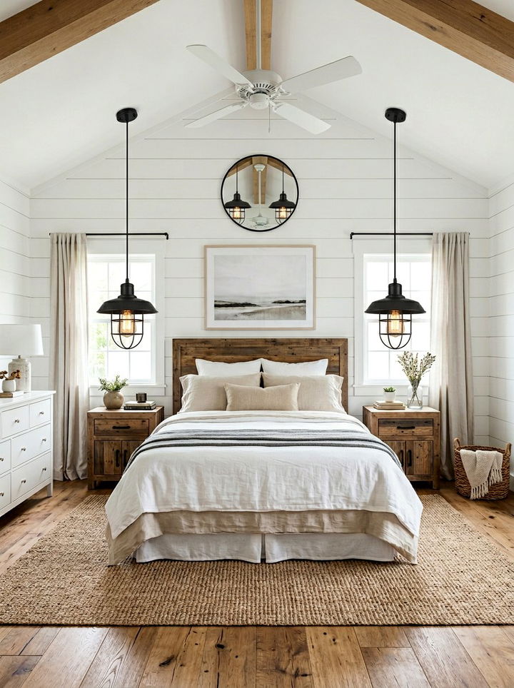 Industrial black pendant light farmhouse - 30 farmhouse black bedroom ideas