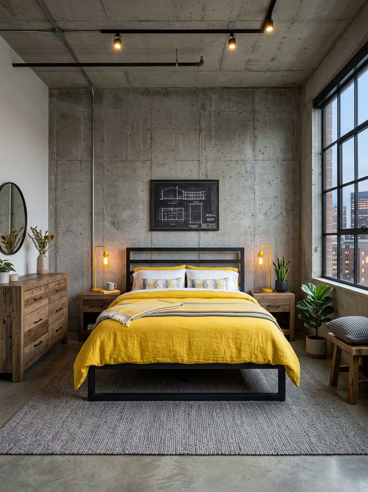 Industrial gray bedroom with yellow accents - 30 gray yellow bedroom ideas