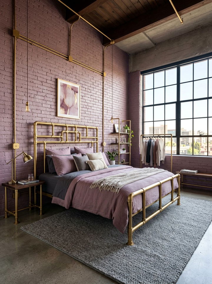 Industrial mauve bedroom gold pipes - 30 mauve and gold bedroom ideas