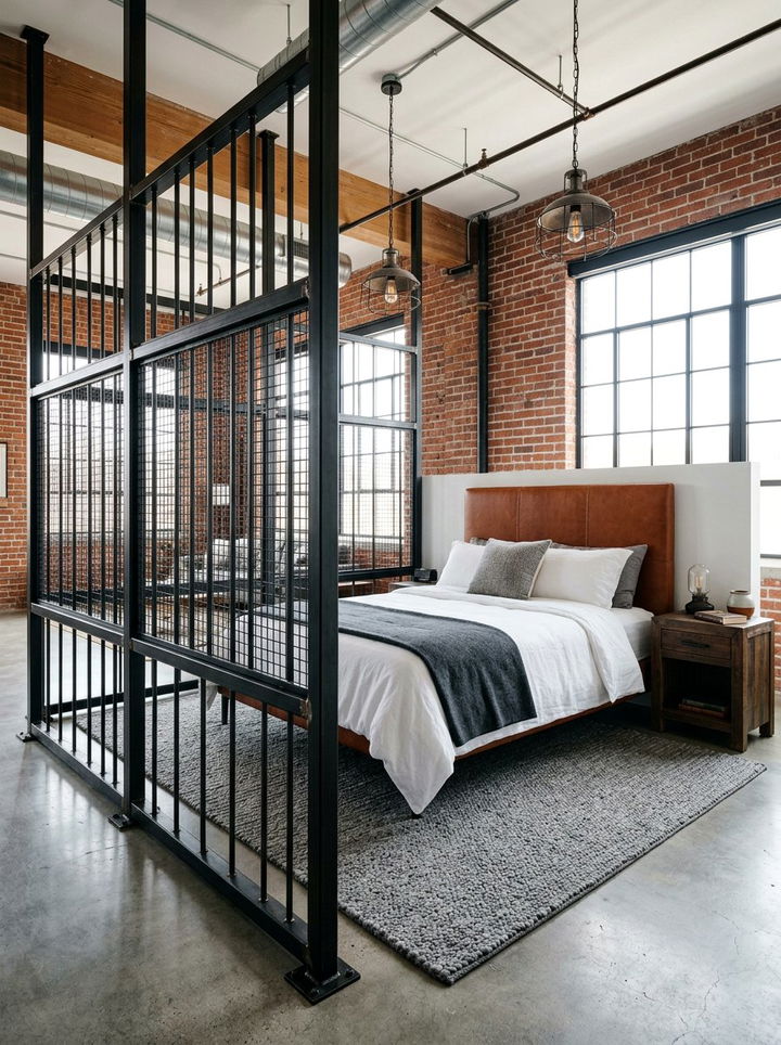 Industrial metal frame - 30 bedroom divider ideas