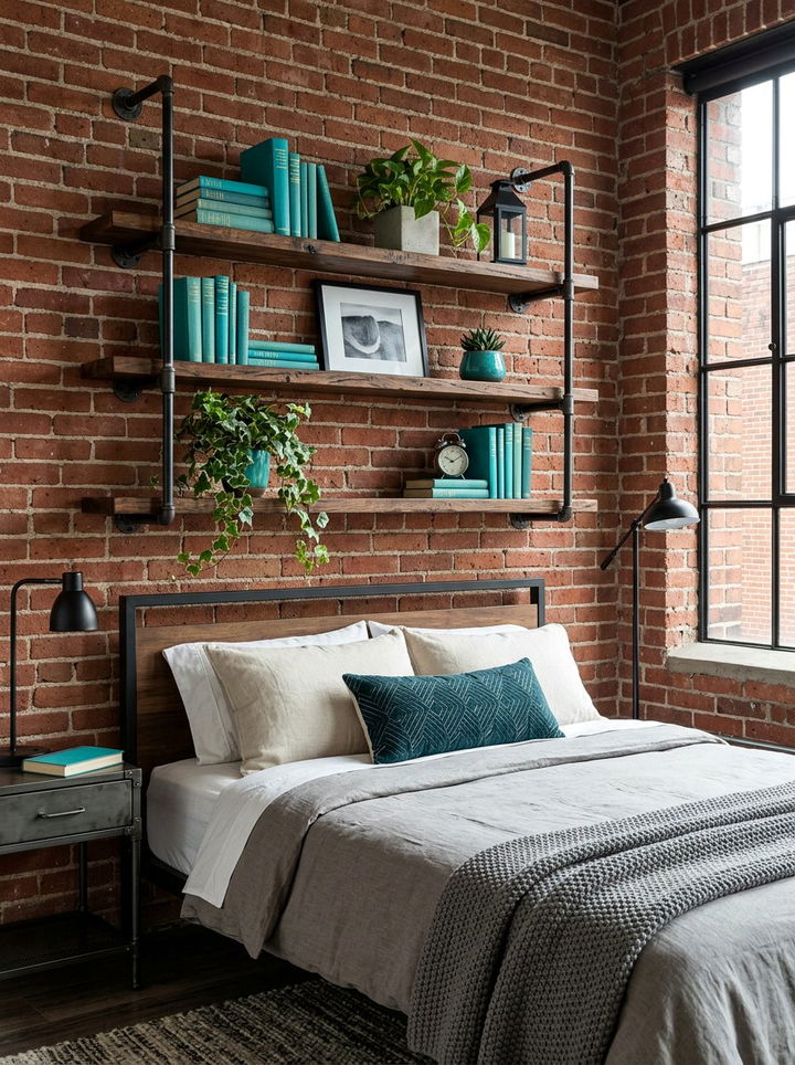 Industrial pipe shelf teal bedroom - 30 industrial teal bedroom ideas