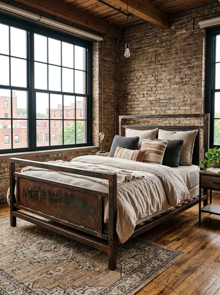 Industrial rust metal bed frame - 30 rust and beige bedroom ideas