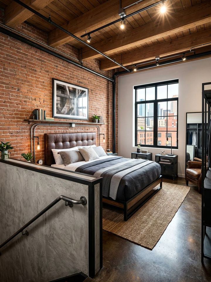 Industrial style pony wall with metal trim - 30 bedroom pony wall ideas