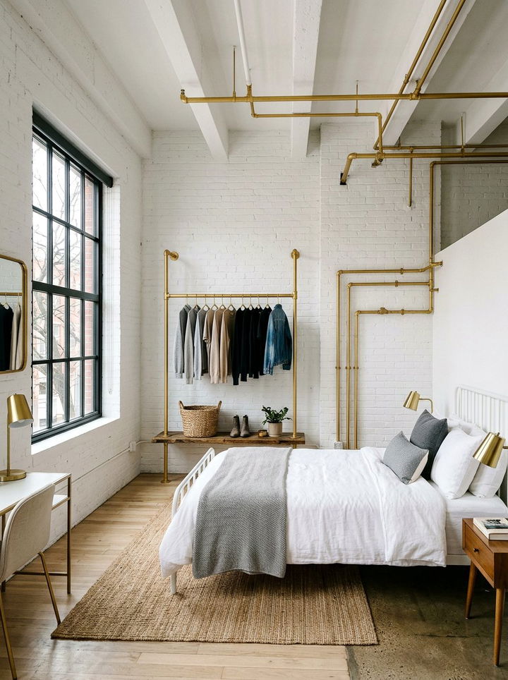 Industrial white bedroom with gold pipes - 30 gold and white bedroom ideas