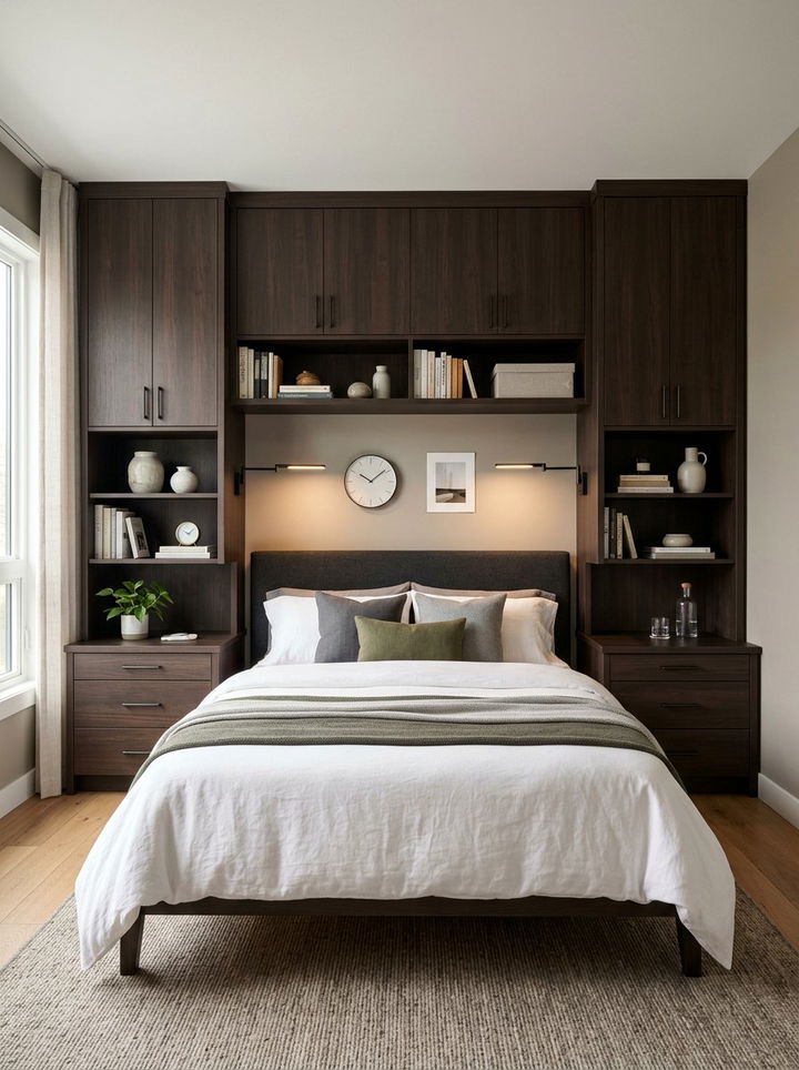 Integrated Bedside Bridge Unit - 30 bedroom overhead storage ideas