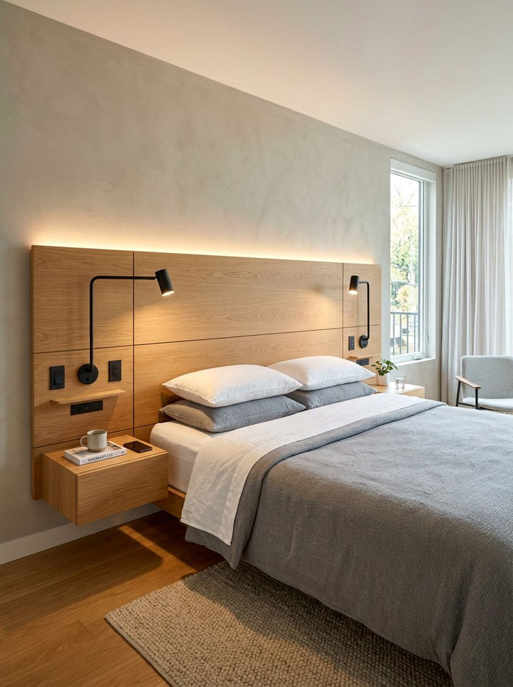 Integrated Lighting Floating Headboard - 30 bedroom floating headboard ideas