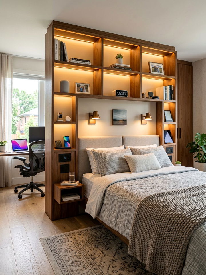 Integrated Lighting Storage Headboard - 30 bedroom storage headboards