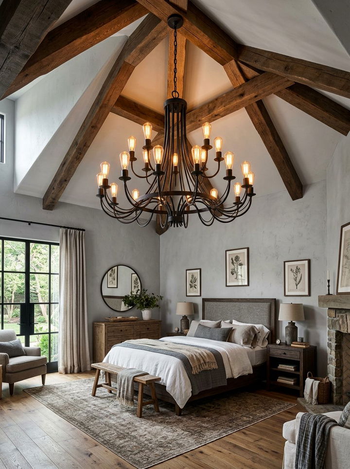 Iron Chandelier Lighting - 30 rustic gray bedroom ideas